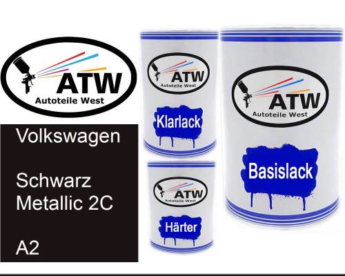 Volkswagen, Schwarz Metallic 2C, A2: 500ml Lackdose + 500ml Klarlack + 250ml Härter - Set, von ATW Autoteile West.